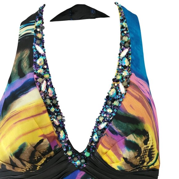 La Femme Paris Abstract Print Silk Halter Gown Beaded Neckline Womens Size 2 - Picture 6 of 10